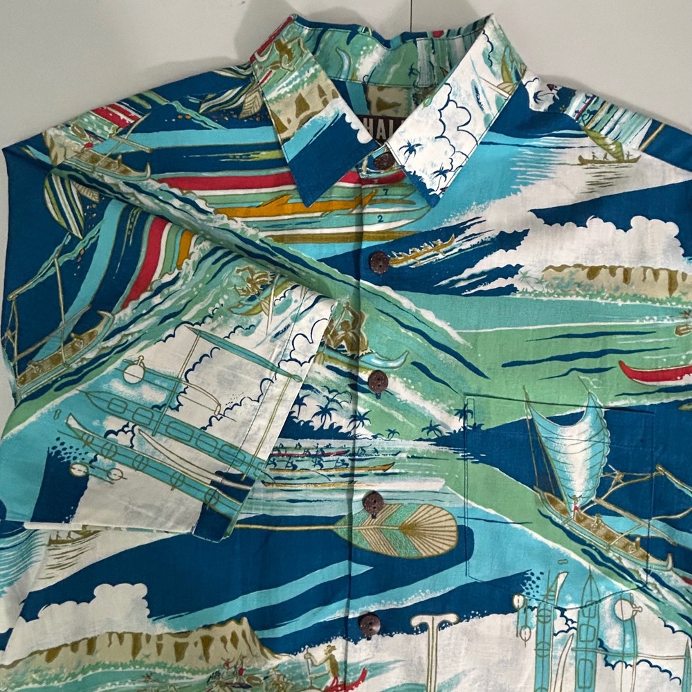 Kahala Mens Large Hawaiian Shirt Blue Outrigger Canoe Print Rayon Linen Blend